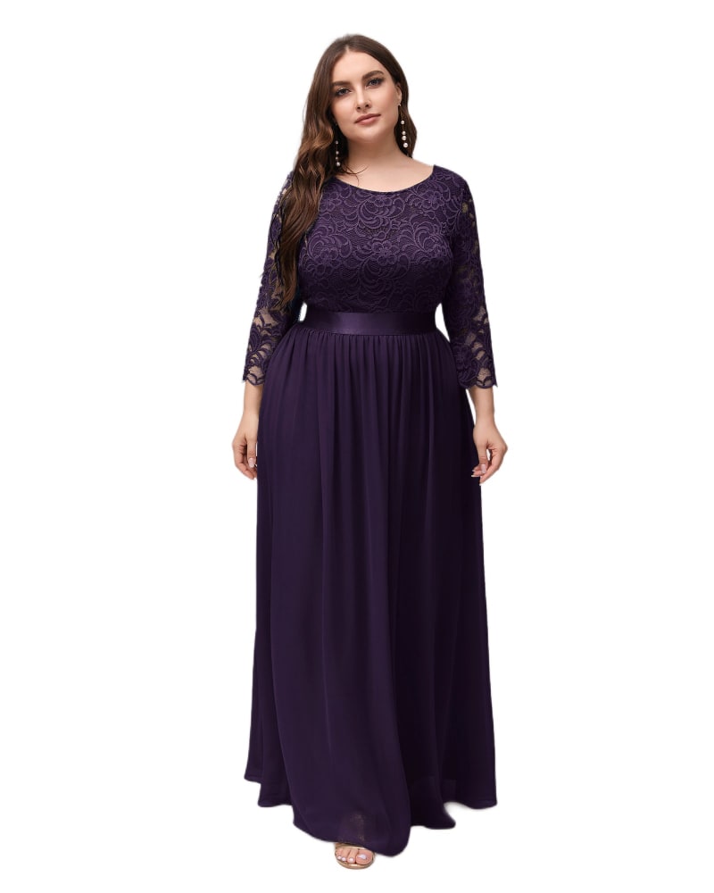 Front of a model wearing a size 18 See-Through Floor Length Lace Evening Dress in Dark Purple by Ever-Pretty. | dia_product_style_image_id:291234